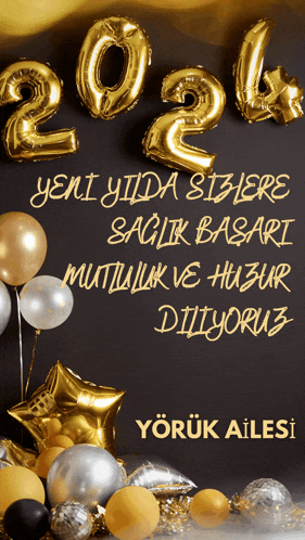 a black background with gold and silver balloons and the year 2021