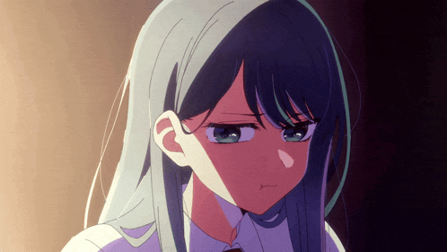 a close up of a girl with long blue hair