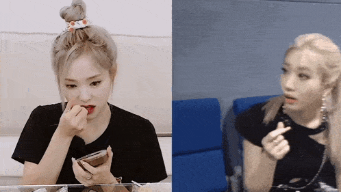 two pictures of a woman applying makeup and a woman making a heart with her fingers