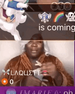 a man in a fur coat is standing in front of a screen that says is coming .