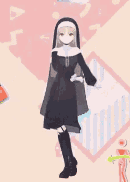 a nun is dancing in a video game with a microphone in her hand .