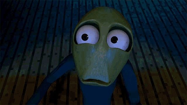a cartoon character with big eyes and the word please behind him