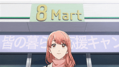 a girl is standing in front of a store called 8 mart