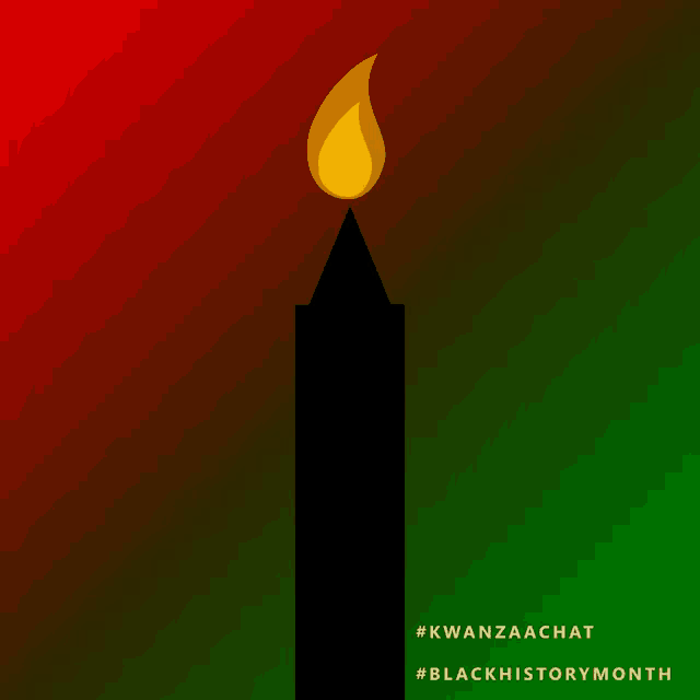 a black candle with a yellow flame is against a red and green background