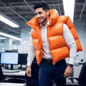 a man wearing an orange vest is standing in front of a computer monitor