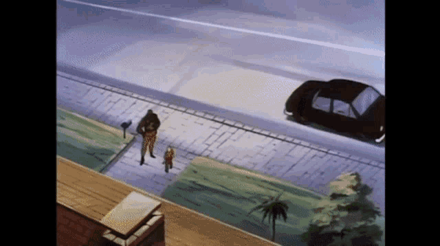 a black car is parked on the side of the road in a cartoon
