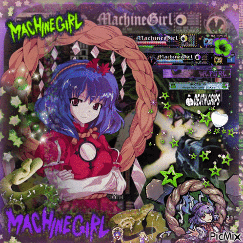a picture of a girl with blue hair and the words machine girl