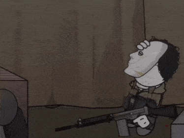 a cartoon character holding a gun with a white mask on his face