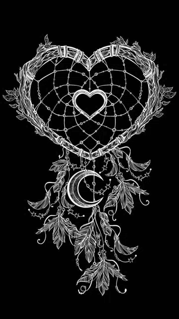 a black and white drawing of a dream catcher in the shape of a heart with a crescent moon .