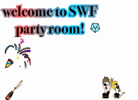 a welcome to swf party room advertisement with a cartoon fox