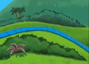 a yellow train is going down a track in a cartoon
