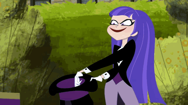 a cartoon girl with purple hair and a top hat