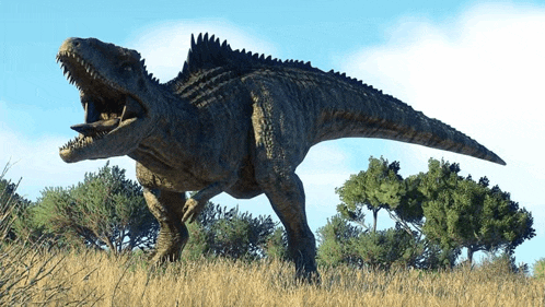 a large dinosaur with its mouth open is standing in a field