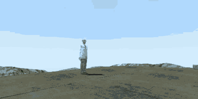a man in a white shirt is standing on a dirt road next to a green car