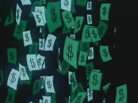 a bunch of green and white dollar bills falling from the sky
