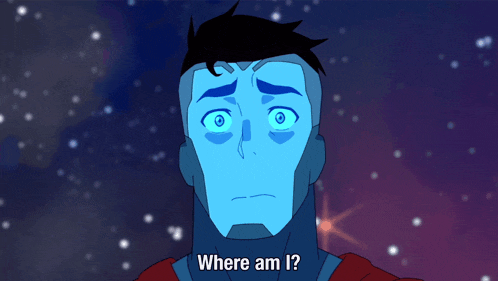 a cartoon character with a blue face and the words where am i on the bottom