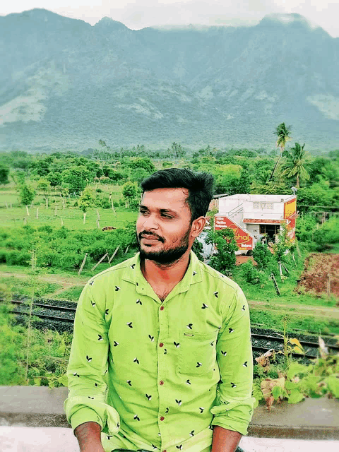 a man in a green shirt stands in front of a landscape with mountains