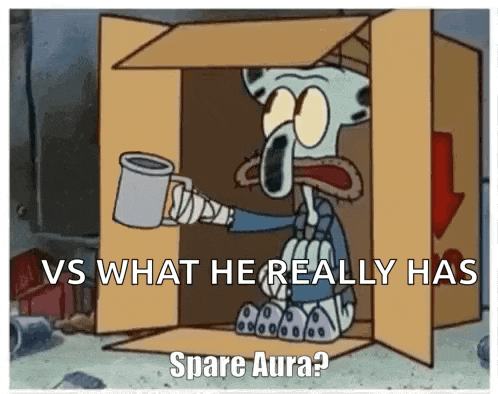 squidward from spongebob squarepants is sitting in a cardboard box holding a mug and asking what he has spare aura
