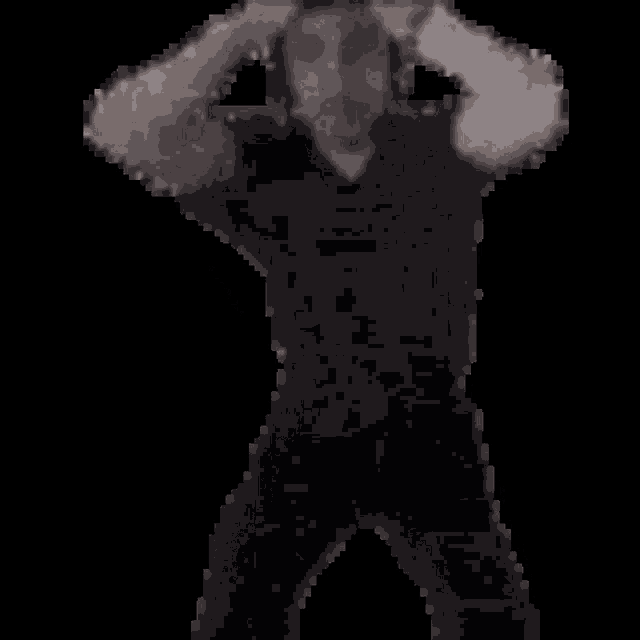 a pixelated image of a person standing with their hands on their head