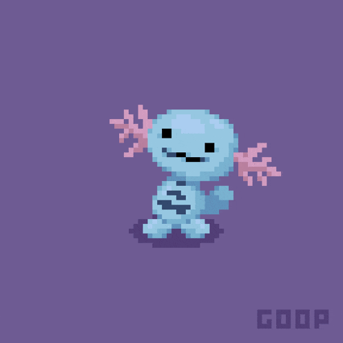 a pixel art of an axolotl on a purple background with the word goop below it
