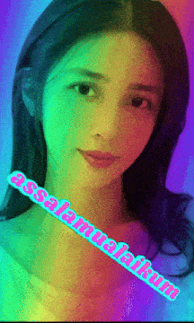 a woman 's face is surrounded by a rainbow colored background with the words assalamualaikum written on it