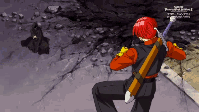 a poster for super dragonball heroes shows a man with red hair