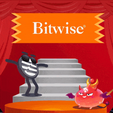 a cartoon illustration of a coin and a devil on a stage with a sign that says bitwise