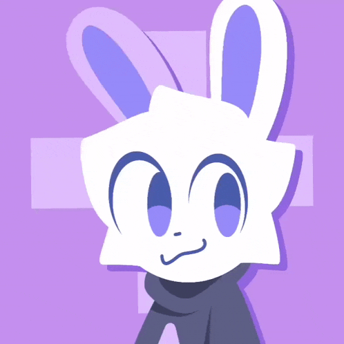a cartoon rabbit with purple ears and blue eyes
