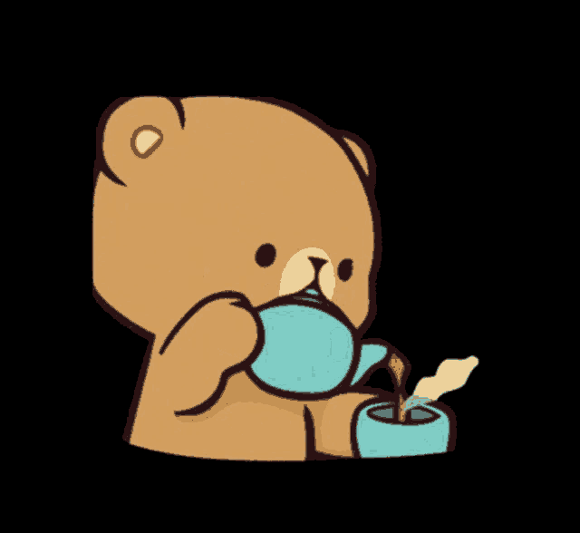 a teddy bear drinking from a blue teapot