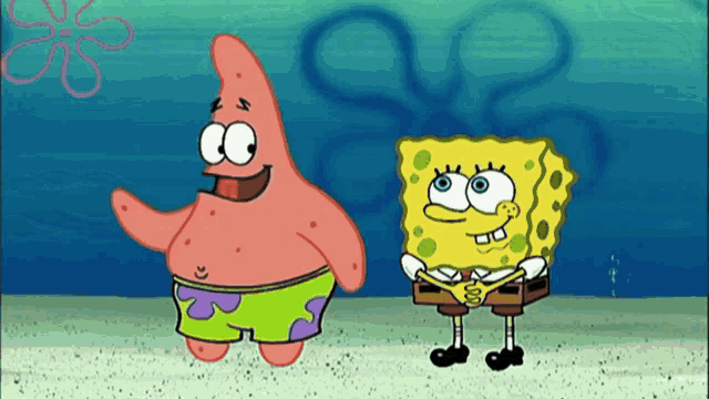 patrick star and spongebob are standing next to each other on the beach