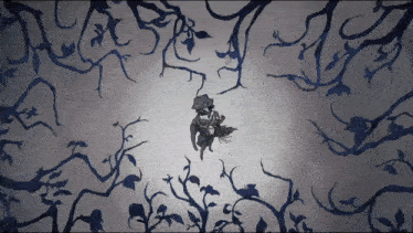 a drawing of a person in a top hat hanging from a tree branch