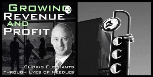a man in a suit and tie is standing in front of a sign that says growing revenue and profit