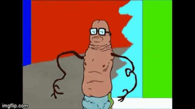 a cartoon of a worm wearing glasses and a shirtless body