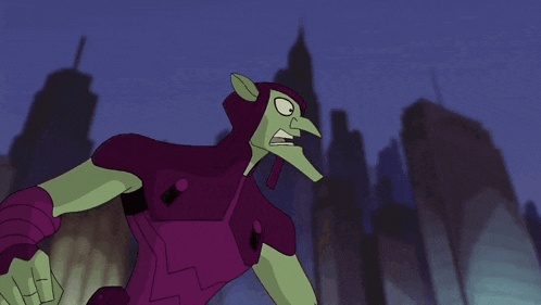 a green and purple cartoon character with a purple helmet on
