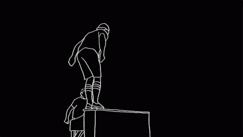 a white line drawing of a man jumping over a piano on a black background .