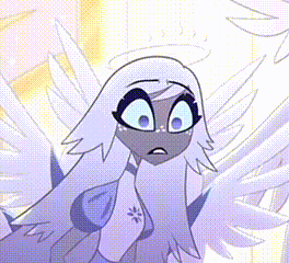 a cartoon angel with white wings and blue eyes is looking at the camera with a surprised look on her face .