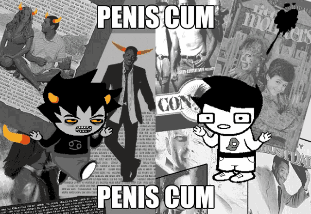 a collage of cartoon characters with the words penis cum in the middle