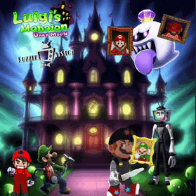 a poster for luigi 's mansion dark moon has a castle in the background