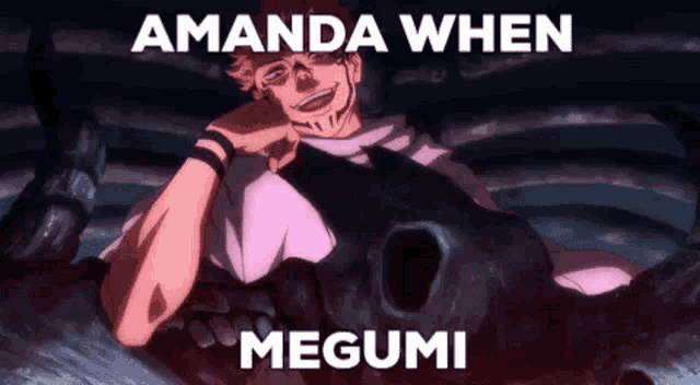 a man is laying on top of a skull with the words `` amanda when megumi '' written on the bottom .