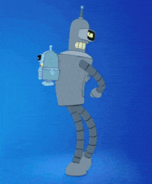 bender from futurama is walking with a backpack on his back