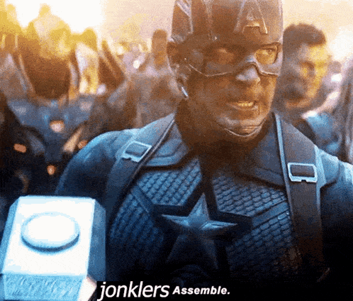 captain america is holding a hammer and saying jonklers assemble