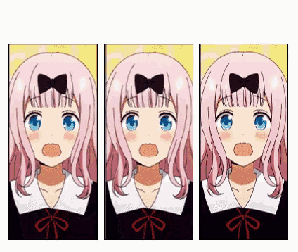 three pictures of a pink haired anime girl with blue eyes and a bow