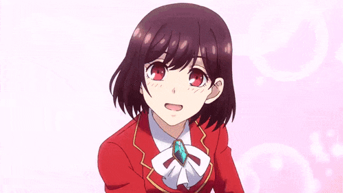 a girl in a red suit is making a surprised face