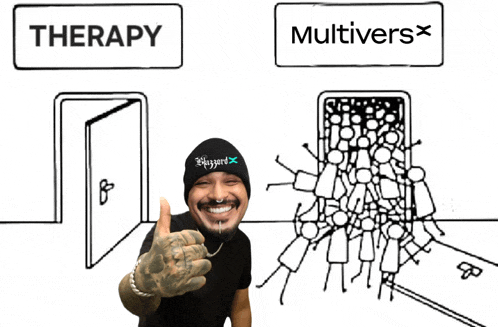 a man giving a thumbs up in front of a sign that says therapy and multivers