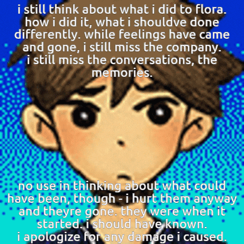 a cartoon of a boy with the words " i still think about what i did to flora " on top