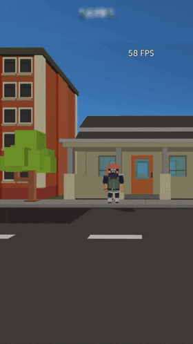 a pixel art drawing of a person walking down a street in front of a building