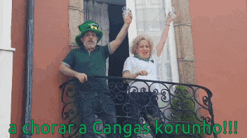 a man and a woman standing on a balcony with the words " a chorar a cangas korunto " written below them