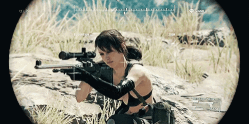 a woman is holding a sniper rifle in a video game with a zoom button