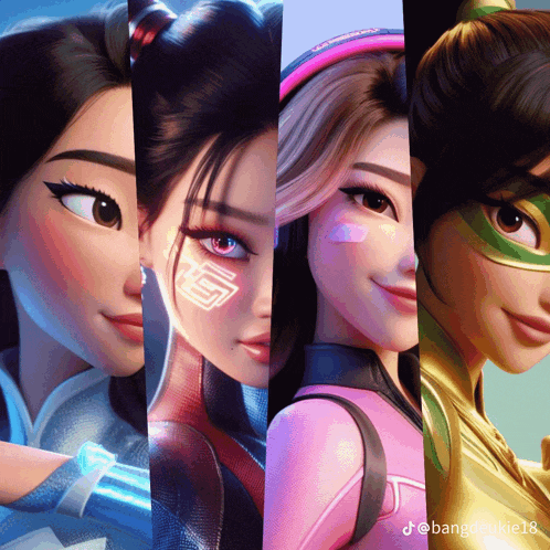 a collage of four cartoon characters with the hashtag bangocookie18 on the bottom