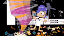 a cartoon girl is standing in front of a tornado in a kitchen